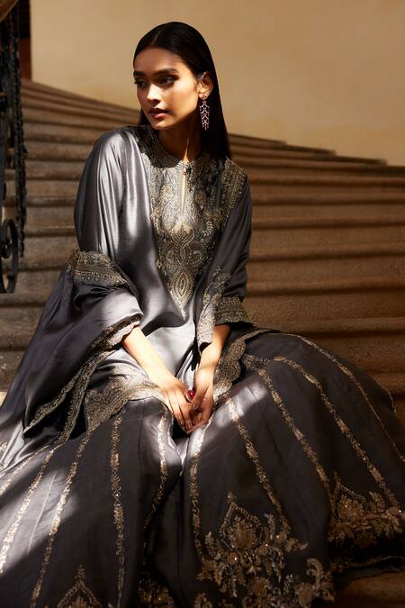 Jayanti Reddy_Grey Silk Zari, Sequins Split V-neck Zardozi Embroidered Cape Sharara Set _at_Aza_Fashions