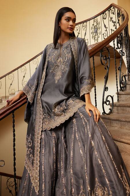 Buy_Jayanti Reddy_Grey Silk Zari, Sequins Split V-neck Zardozi Embroidered Cape Sharara Set 