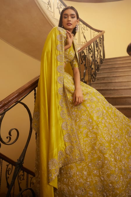 Shop Jayanti Reddy Yellow Silk Sequins, Zari Raw Foliage Zardozi Embroidered Bridal Lehenga Set at Aza Fashions Shop_Jayanti Reddy_Yellow Silk Sequins, Zari Raw Foliage Zardozi Embroidered Bridal Lehenga Set _at_Aza_Fashions