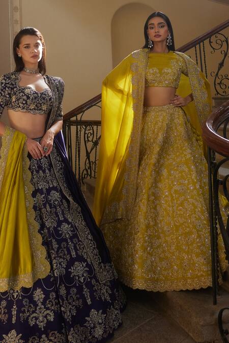 Jayanti Reddy Yellow Silk Sequins, Zari Raw Foliage Zardozi Embroidered Bridal Lehenga Set Online at Aza Fashions Jayanti Reddy_Yellow Silk Sequins, Zari Raw Foliage Zardozi Embroidered Bridal Lehenga Set _Online_at_Aza_Fashions