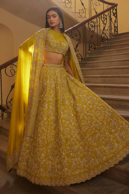 Shop Jayanti Reddy Yellow Silk Sequins, Zari Raw Foliage Zardozi Embroidered Bridal Lehenga Set Online at Aza Fashions Shop_Jayanti Reddy_Yellow Silk Sequins, Zari Raw Foliage Zardozi Embroidered Bridal Lehenga Set _Online_at_Aza_Fashions