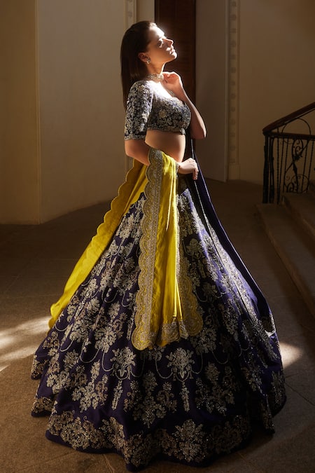 Shop Jayanti Reddy Purple Silk Zari, Raw Floral Scallop Zardozi Embroidered Bridal Lehenga Set at Aza Fashions Shop_Jayanti Reddy_Purple Silk Zari, Raw Floral Scallop Zardozi Embroidered Bridal Lehenga Set _at_Aza_Fashions