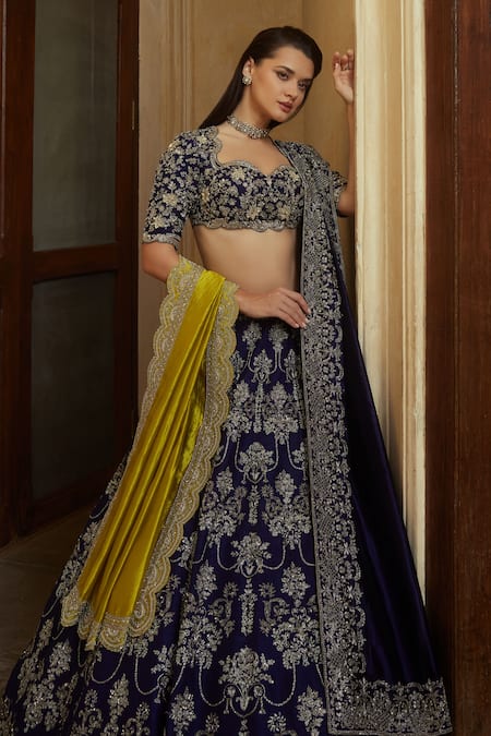 Jayanti Reddy Purple Silk Zari, Raw Floral Scallop Zardozi Embroidered Bridal Lehenga Set Online at Aza Fashions Jayanti Reddy_Purple Silk Zari, Raw Floral Scallop Zardozi Embroidered Bridal Lehenga Set _Online_at_Aza_Fashions