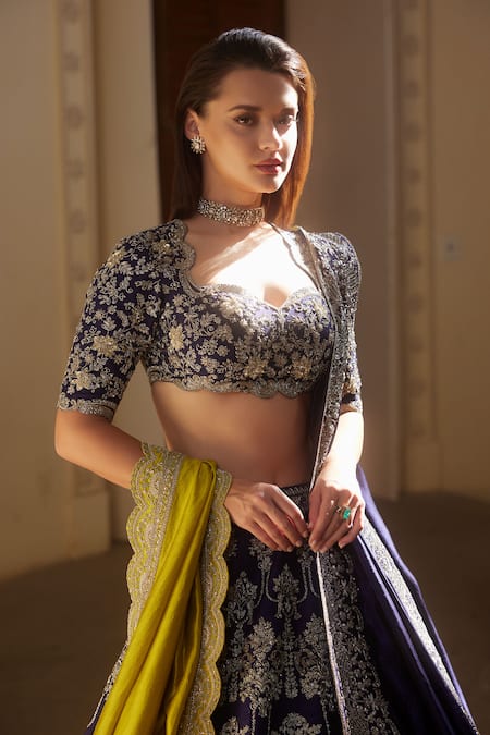 Shop Jayanti Reddy Purple Silk Zari, Raw Floral Scallop Zardozi Embroidered Bridal Lehenga Set Online at Aza Fashions Shop_Jayanti Reddy_Purple Silk Zari, Raw Floral Scallop Zardozi Embroidered Bridal Lehenga Set _Online_at_Aza_Fashions