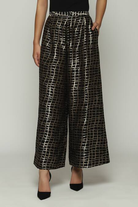 Abraham And Thakore Black Brocade Lattice And Checkered Pattern Palazzo Online at Aza Fashions Abraham And Thakore_Black Brocade Lattice And Checkered Pattern Palazzo_Online_at_Aza_Fashions