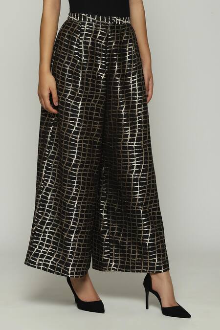 Abraham And Thakore Black Brocade Lattice And Checkered Pattern Palazzo at Aza Fashions Abraham And Thakore_Black Brocade Lattice And Checkered Pattern Palazzo_at_Aza_Fashions