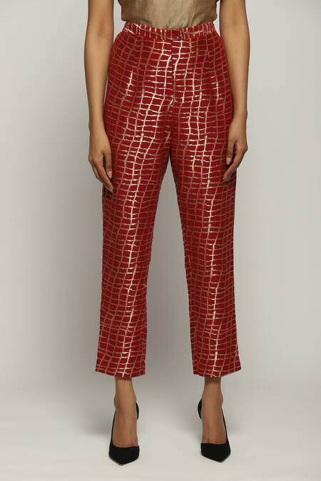 Shop Abraham And Thakore Red Brocade Lattice And Checkered Pattern Tapered Pant at Aza Fashions Shop_Abraham And Thakore_Red Brocade Lattice And Checkered Pattern Tapered Pant_at_Aza_Fashions