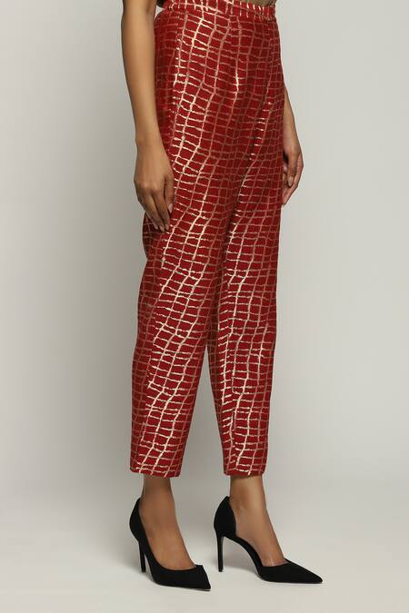 Abraham And Thakore Red Brocade Lattice And Checkered Pattern Tapered Pant Online at Aza Fashions Abraham And Thakore_Red Brocade Lattice And Checkered Pattern Tapered Pant_Online_at_Aza_Fashions