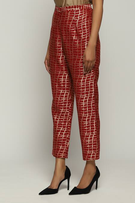 Buy Abraham And Thakore Red Brocade Lattice And Checkered Pattern Tapered Pant Online at Aza Fashions Buy_Abraham And Thakore_Red Brocade Lattice And Checkered Pattern Tapered Pant_Online_at_Aza_Fashions