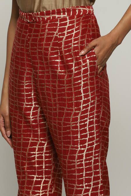 Shop Abraham And Thakore Red Brocade Lattice And Checkered Pattern Tapered Pant Online at Aza Fashions Shop_Abraham And Thakore_Red Brocade Lattice And Checkered Pattern Tapered Pant_Online_at_Aza_Fashions