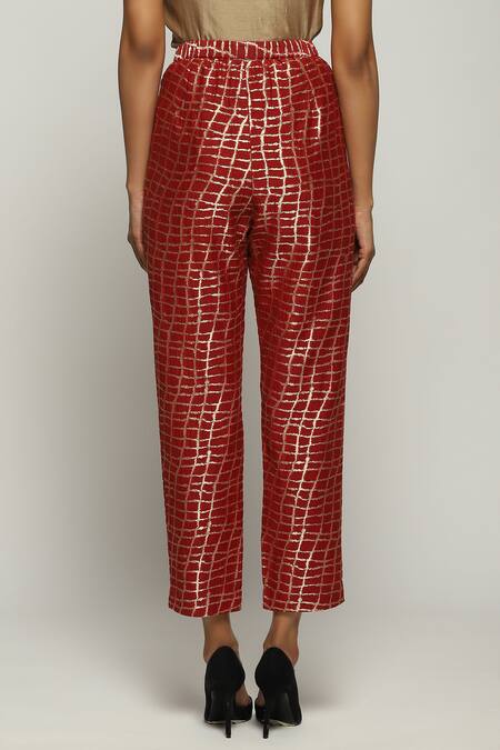 Abraham And Thakore Red Brocade Lattice And Checkered Pattern Tapered Pant at Aza Fashions Abraham And Thakore_Red Brocade Lattice And Checkered Pattern Tapered Pant_at_Aza_Fashions