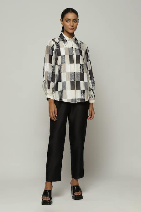 Abraham And Thakore Ivory Chanderi Sequins Collared Checkered Print Shirt 