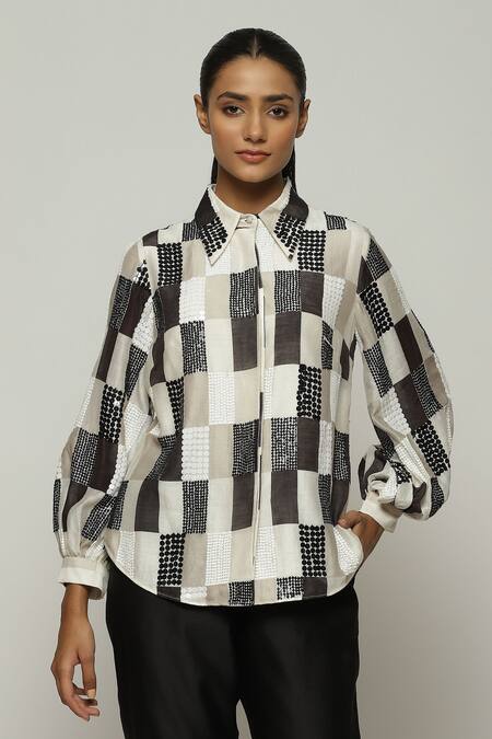 Abraham And Thakore_Ivory Chanderi Sequins Collared Checkered Print Shirt_Online_at_Aza_Fashions