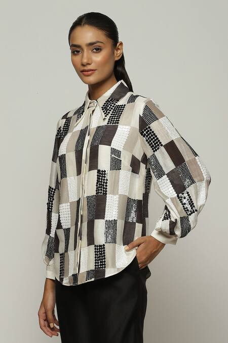 Buy_Abraham And Thakore_Ivory Chanderi Sequins Collared Checkered Print Shirt_Online_at_Aza_Fashions
