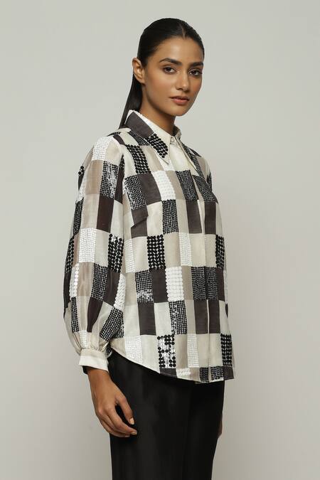Shop_Abraham And Thakore_Ivory Chanderi Sequins Collared Checkered Print Shirt_Online_at_Aza_Fashions