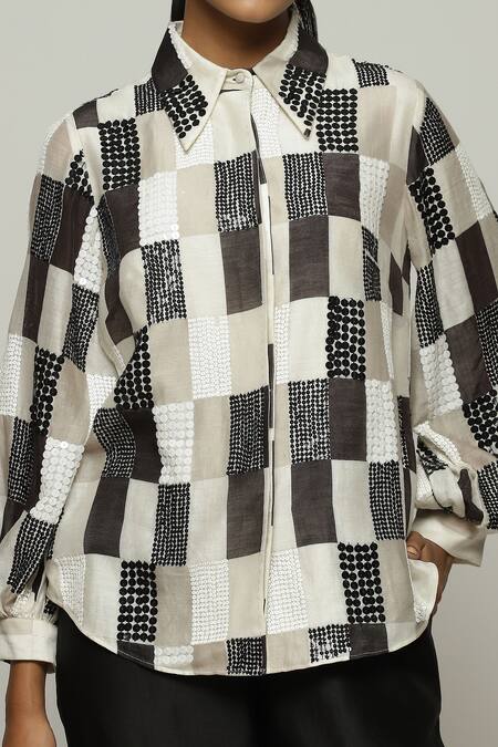 Abraham And Thakore_Ivory Chanderi Sequins Collared Checkered Print Shirt_at_Aza_Fashions