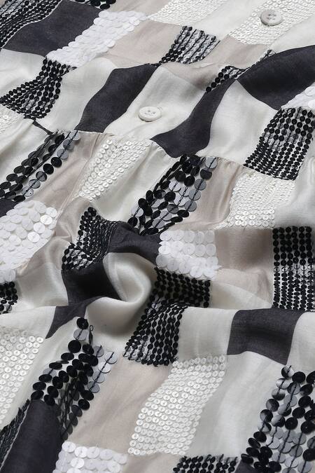 Buy_Abraham And Thakore_Ivory Chanderi Sequins Collared Checkered Print Shirt