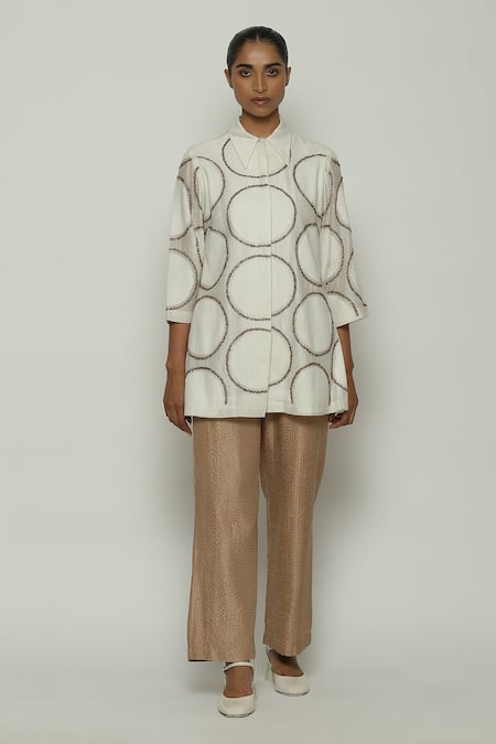 Abraham And Thakore Ivory Chanderi Embroidery Collared Shirt