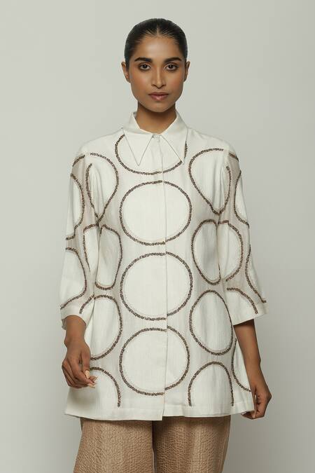 Abraham And Thakore_Ivory Chanderi Embroidery Collared Shirt_Online_at_Aza_Fashions