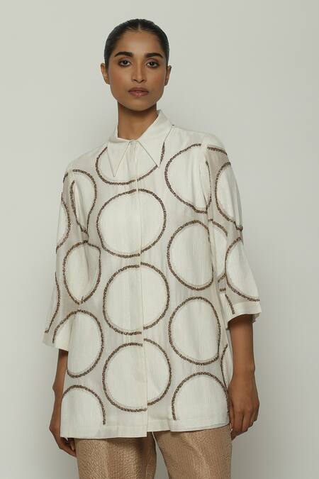 Buy_Abraham And Thakore_Ivory Chanderi Embroidery Collared Shirt_Online_at_Aza_Fashions