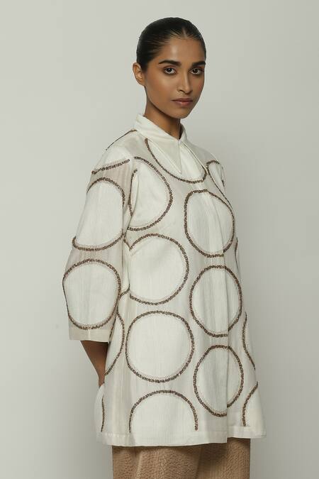 Shop_Abraham And Thakore_Ivory Chanderi Embroidery Collared Shirt_Online_at_Aza_Fashions