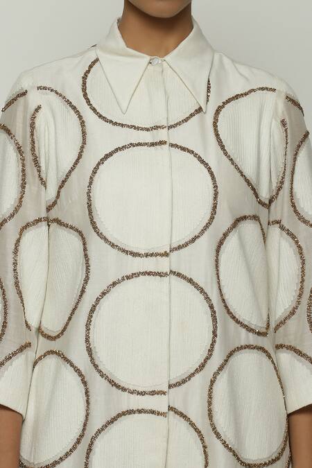 Abraham And Thakore_Ivory Chanderi Embroidery Collared Shirt_at_Aza_Fashions