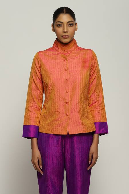 Abraham And Thakore_Orange Silk Embroidery High Neck Shirt_Online_at_Aza_Fashions