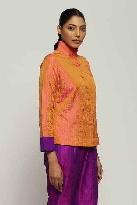 Buy_Abraham And Thakore_Orange Silk Embroidery High Neck Shirt_Online_at_Aza_Fashions