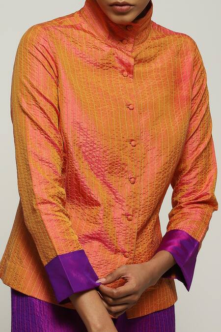 Abraham And Thakore_Orange Silk Embroidery High Neck Shirt_at_Aza_Fashions
