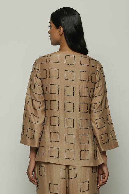 Shop Abraham And Thakore Brown Chanderi Embroidery V-neck Geometric Shirt at Aza Fashions Shop_Abraham And Thakore_Brown Chanderi Embroidery V-neck Geometric Shirt_at_Aza_Fashions