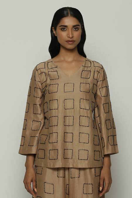 Abraham And Thakore Brown Chanderi Embroidery V-neck Geometric Shirt Online at Aza Fashions Abraham And Thakore_Brown Chanderi Embroidery V-neck Geometric Shirt_Online_at_Aza_Fashions