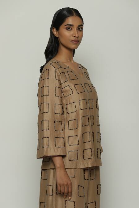 Shop Abraham And Thakore Brown Chanderi Embroidery V-neck Geometric Shirt Online at Aza Fashions Shop_Abraham And Thakore_Brown Chanderi Embroidery V-neck Geometric Shirt_Online_at_Aza_Fashions