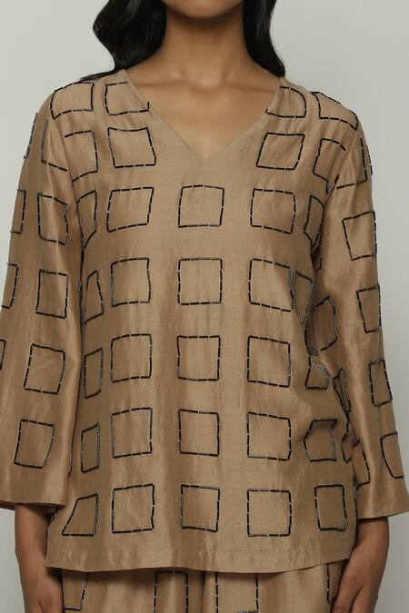 Abraham And Thakore Brown Chanderi Embroidery V-neck Geometric Shirt at Aza Fashions Abraham And Thakore_Brown Chanderi Embroidery V-neck Geometric Shirt_at_Aza_Fashions