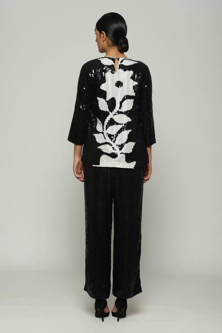 Shop Abraham And Thakore Black Silk Sequins, Embroidery Round Neck Printed And Top at Aza Fashions Shop_Abraham And Thakore_Black Silk Sequins, Embroidery Round Neck Printed And Top_at_Aza_Fashions