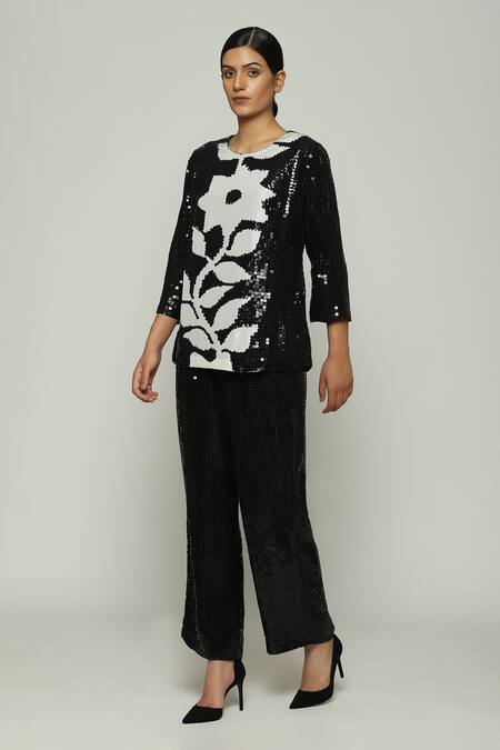 Abraham And Thakore Black Silk Sequins, Embroidery Round Neck Printed And Top Online at Aza Fashions Abraham And Thakore_Black Silk Sequins, Embroidery Round Neck Printed And Top_Online_at_Aza_Fashions