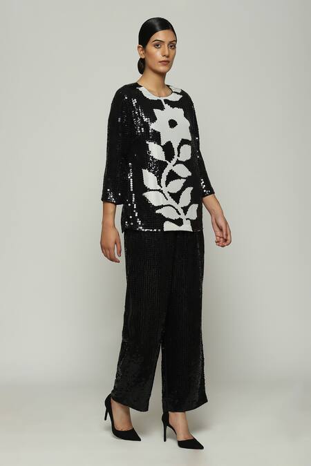 Buy Abraham And Thakore Black Silk Sequins, Embroidery Round Neck Printed And Top Online at Aza Fashions Buy_Abraham And Thakore_Black Silk Sequins, Embroidery Round Neck Printed And Top_Online_at_Aza_Fashions