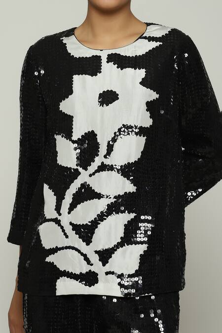 Shop Abraham And Thakore Black Silk Sequins, Embroidery Round Neck Printed And Top Online at Aza Fashions Shop_Abraham And Thakore_Black Silk Sequins, Embroidery Round Neck Printed And Top_Online_at_Aza_Fashions