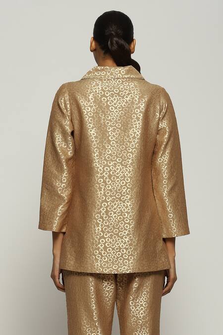 Shop_Abraham And Thakore_Gold Brocade Shawl Neck Collar Jacket_at_Aza_Fashions