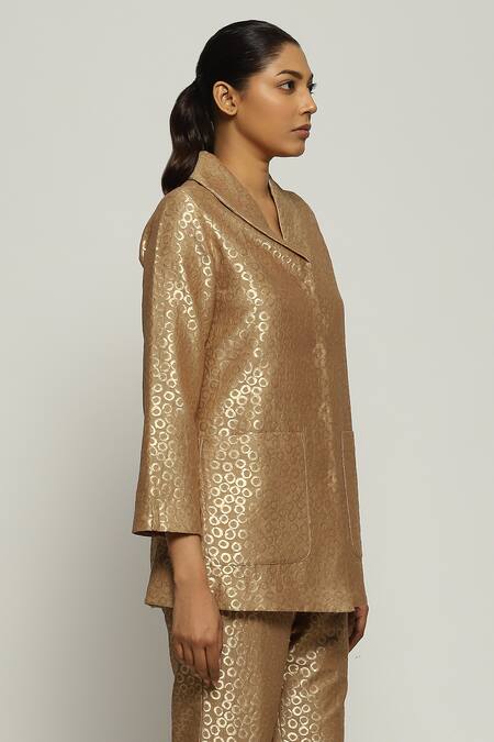 Abraham And Thakore_Gold Brocade Shawl Neck Collar Jacket_Online_at_Aza_Fashions