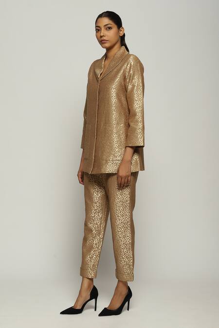 Buy_Abraham And Thakore_Gold Brocade Shawl Neck Collar Jacket_Online_at_Aza_Fashions