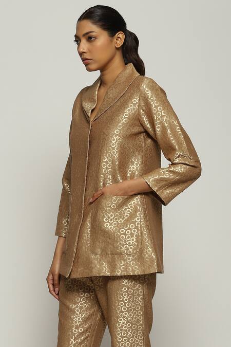 Shop_Abraham And Thakore_Gold Brocade Shawl Neck Collar Jacket_Online_at_Aza_Fashions