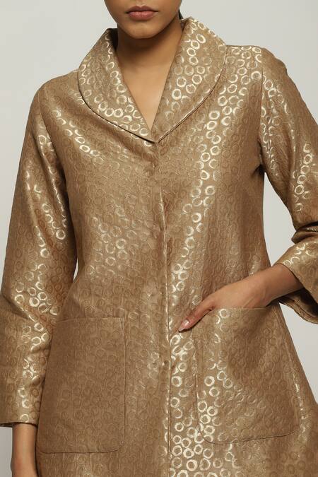 Abraham And Thakore_Gold Brocade Shawl Neck Collar Jacket_at_Aza_Fashions