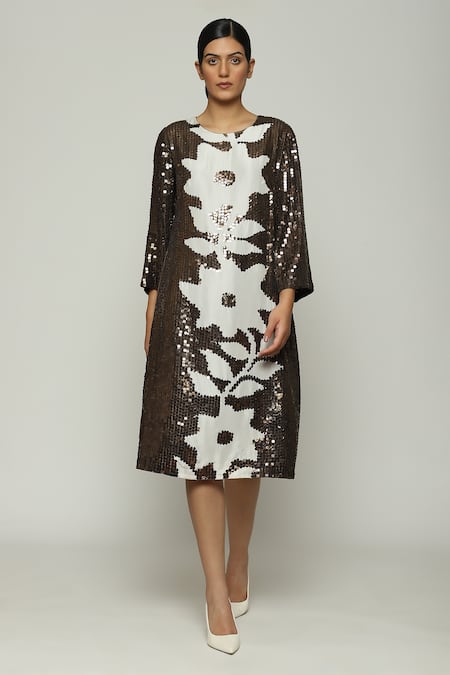 ABRAHAM AND THAKORE Floral Printed Silk Dress 