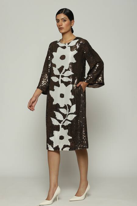 Abraham And Thakore_Brown Silk Sequins, Embroidery Round Neck Floral Printed Dress_Online_at_Aza_Fashions