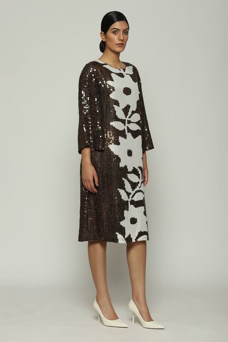 Buy_Abraham And Thakore_Brown Silk Sequins, Embroidery Round Neck Floral Printed Dress_Online_at_Aza_Fashions