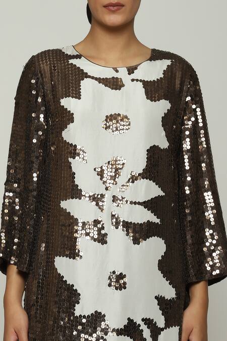 Abraham And Thakore_Brown Silk Sequins, Embroidery Round Neck Floral Printed Dress_at_Aza_Fashions