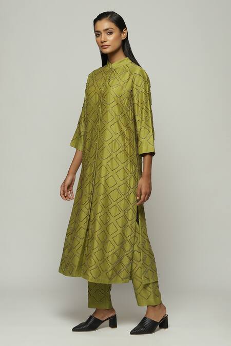 Abraham And Thakore_Green Chanderi Embroidery Mandarin Collar Cut Dana Shirt_Online_at_Aza_Fashions