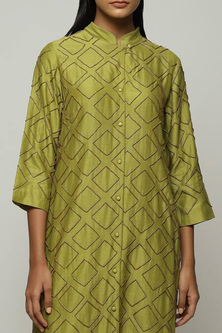 Shop_Abraham And Thakore_Green Chanderi Embroidery Mandarin Collar Cut Dana Shirt_Online_at_Aza_Fashions