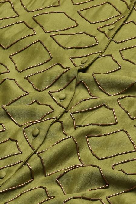 Abraham And Thakore_Green Chanderi Embroidery Mandarin Collar Cut Dana Shirt_at_Aza_Fashions