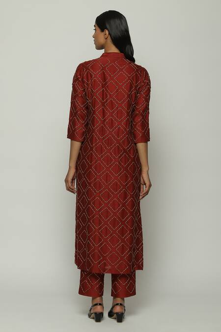 Shop Abraham And Thakore Red Chanderi Embroidery Mandarin Collar Cut Dana Shirt at Aza Fashions Shop_Abraham And Thakore_Red Chanderi Embroidery Mandarin Collar Cut Dana Shirt_at_Aza_Fashions